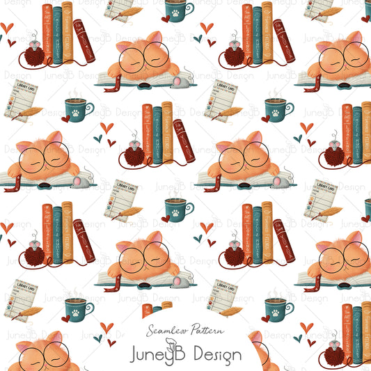 Bookish cats seamless pattern with reading cat, books, coffee, yarn, hearts on cream background.