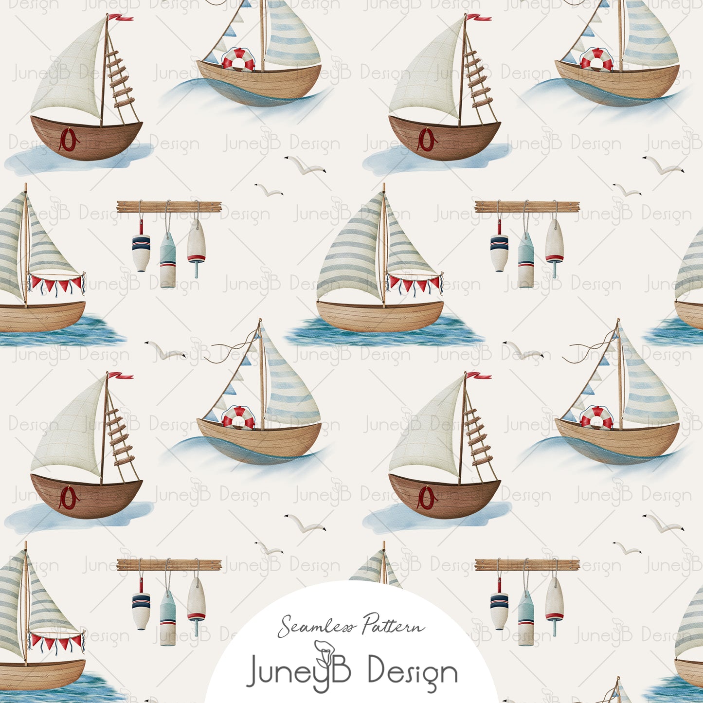Watercolor sailboat and buoy seamless pattern with seagulls on light beige background.