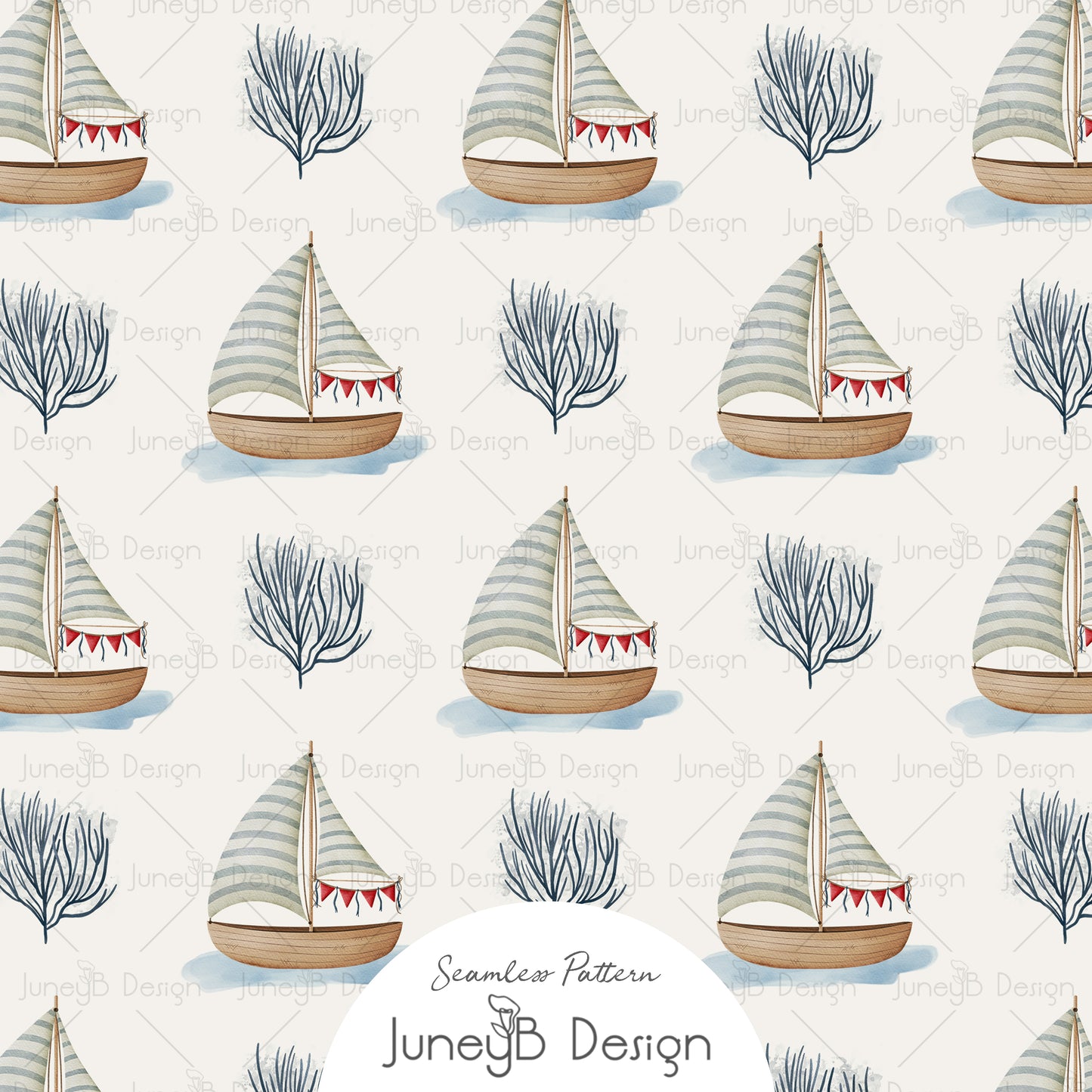 Watercolor sailboat seamless pattern with blue coral elements on light beige background.