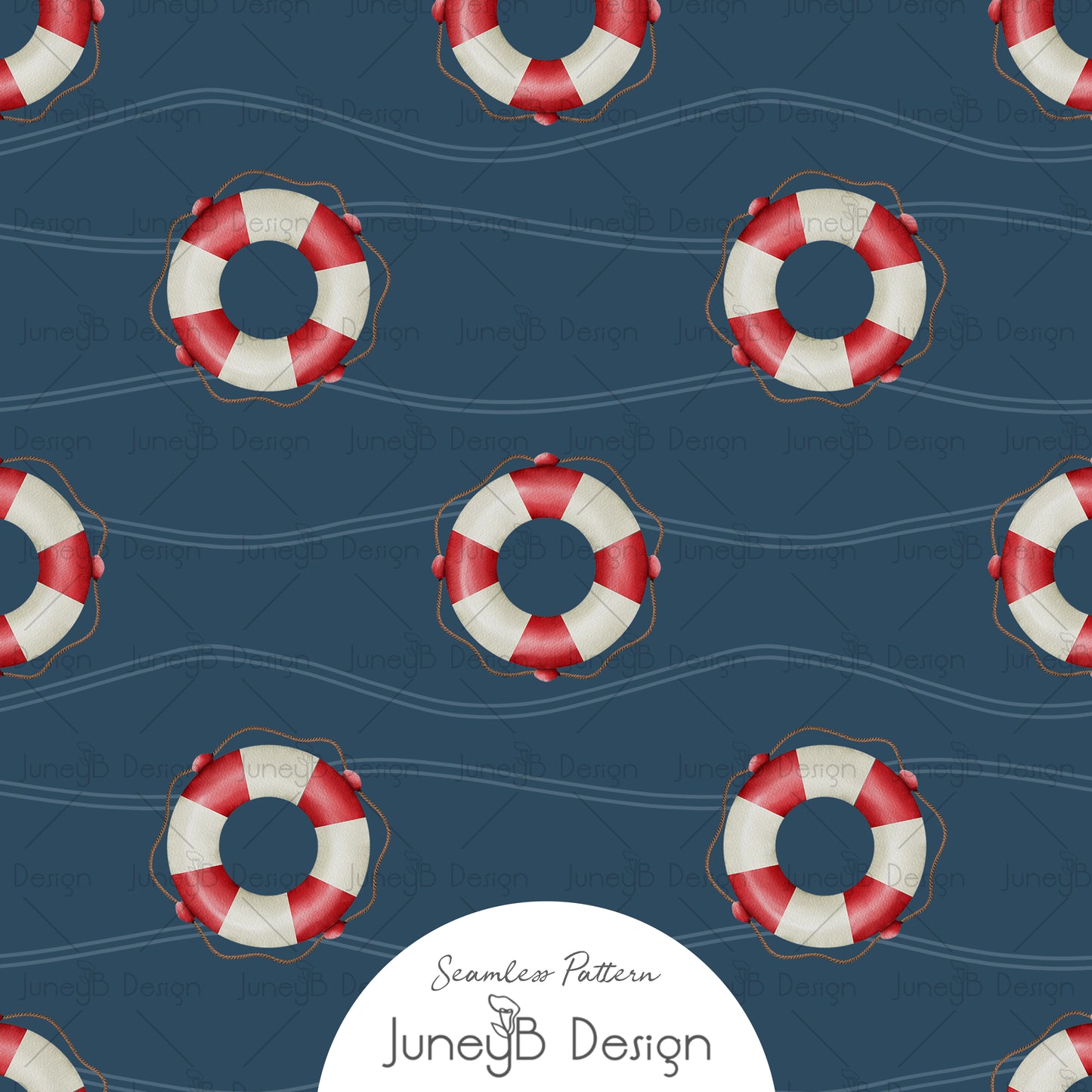 Watercolor life preserver seamless pattern with red and cream lifebuoys on navy blue background.