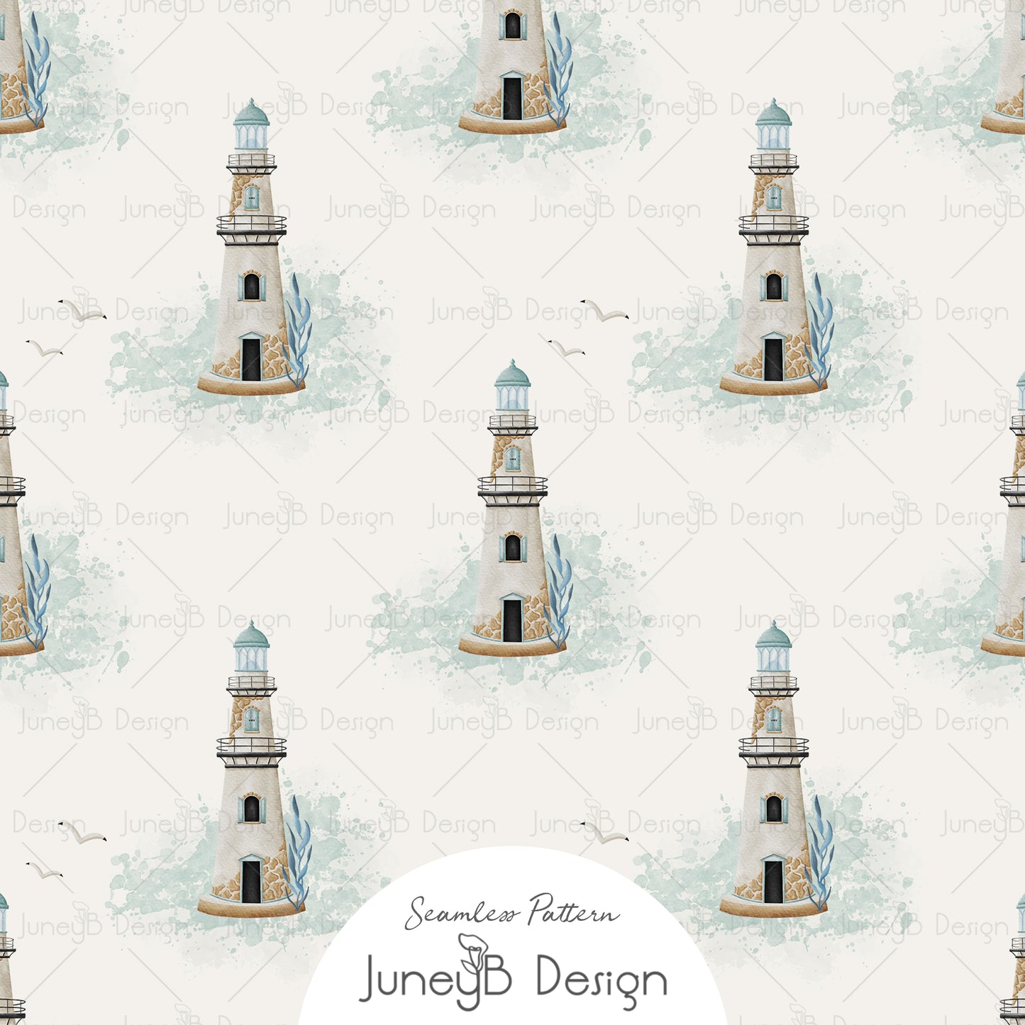 Watercolor lighthouse seamless pattern with soft blue accents on light beige background.