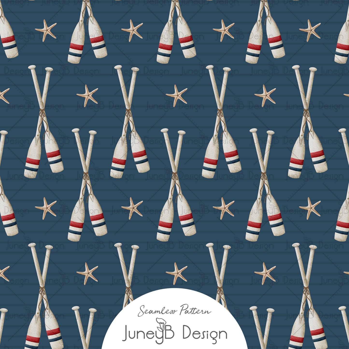 Crossed oars watercolor seamless pattern with red and blue stripes, starfish on navy blue background.