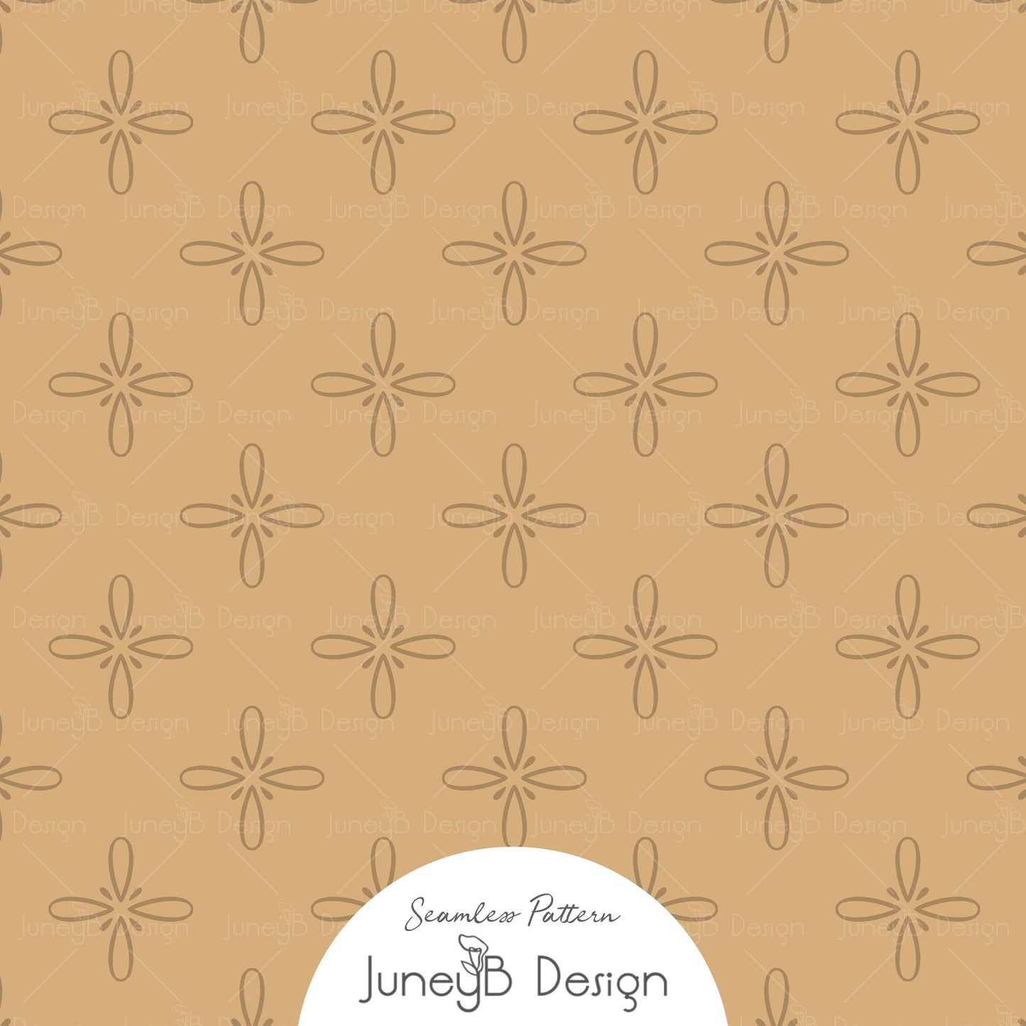 Golden tan western bloom seamless pattern with hand-drawn floral star motif design.