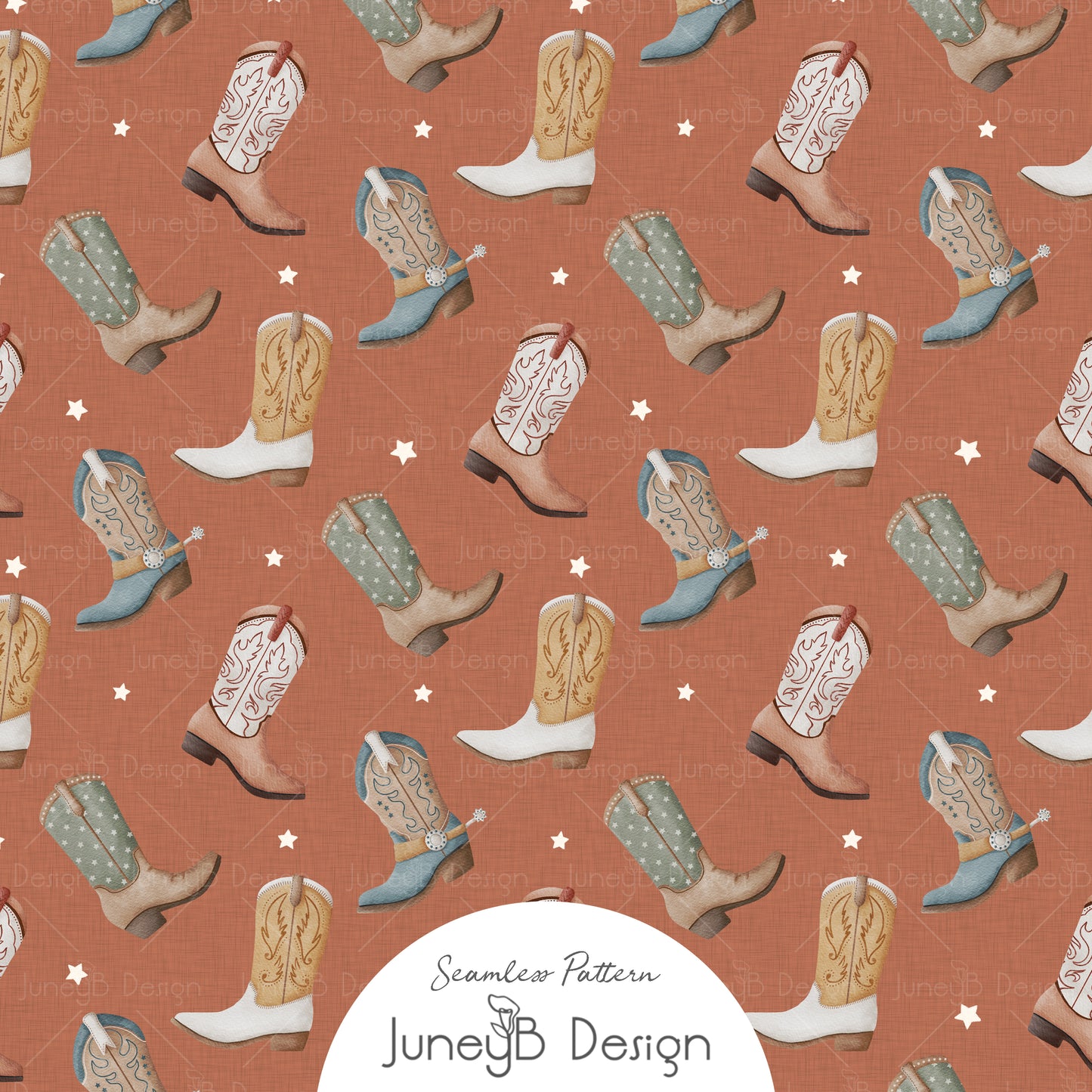 Watercolor cowboy boots seamless pattern with white stars on a rust orange textured background in tan, blue, and sage green tones.