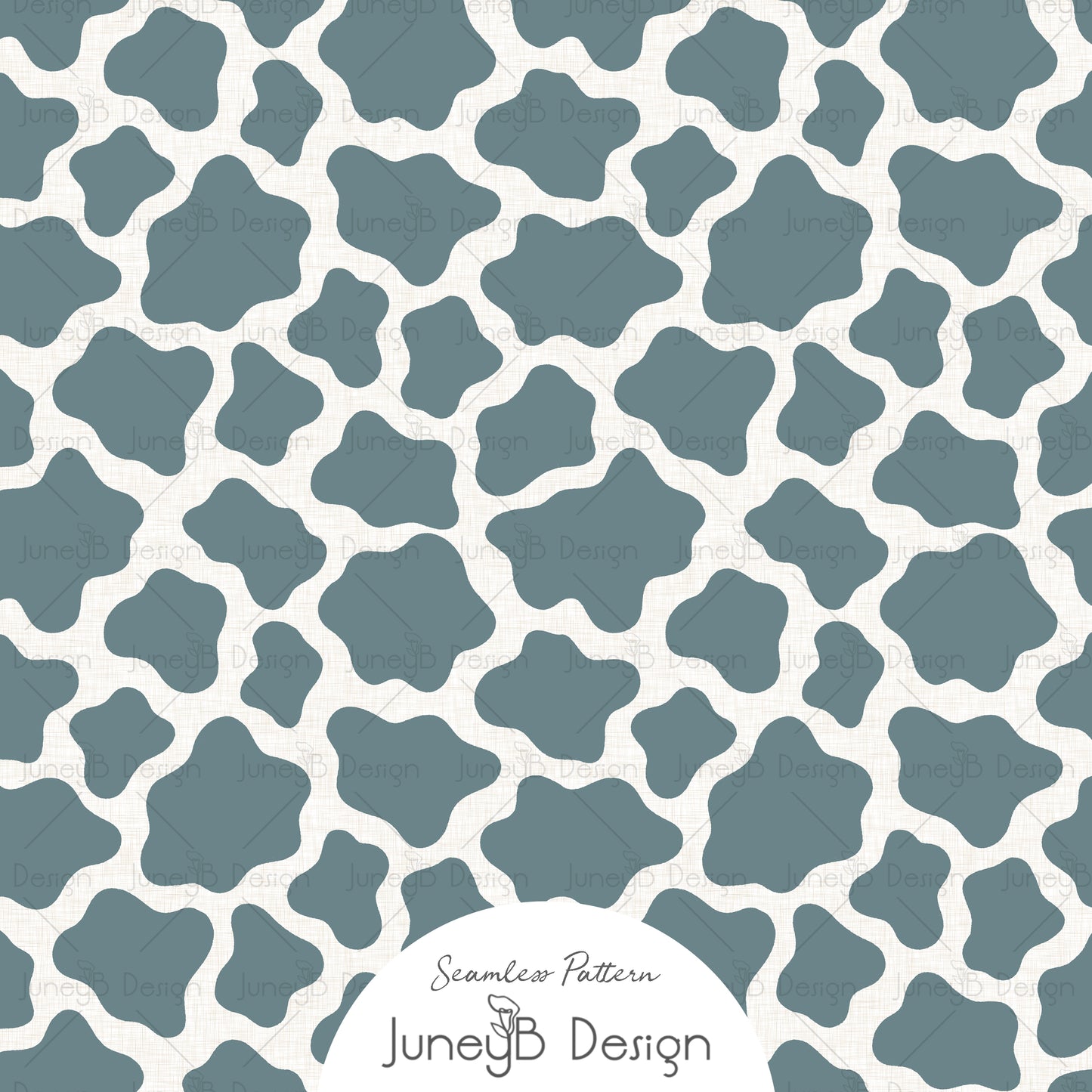 Dusty blue cow print seamless pattern with organic blotches on a cream textured background.