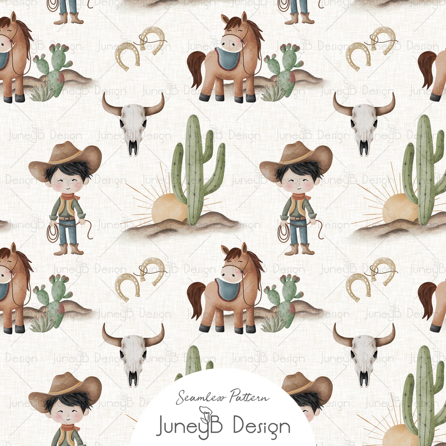 Watercolor cowboy kids seamless pattern with horses, cacti, steer skulls, sunbursts, and horseshoes on a cream textured background.