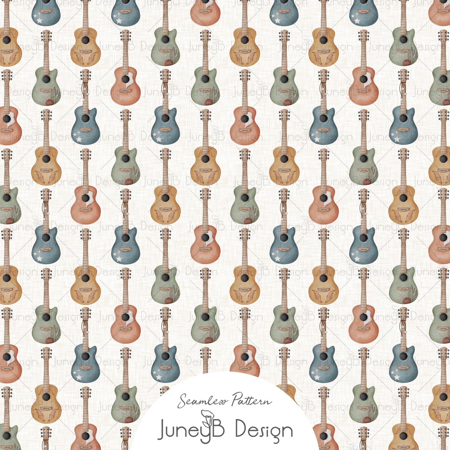 Watercolor acoustic guitars seamless pattern in blue, orange, yellow, and sage on a cream textured background.