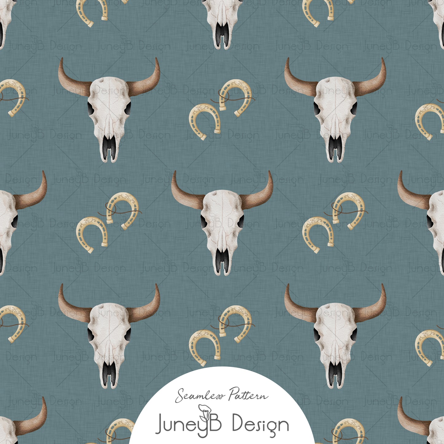 Watercolor longhorn skull and horseshoe seamless pattern on a dusty blue textured background.