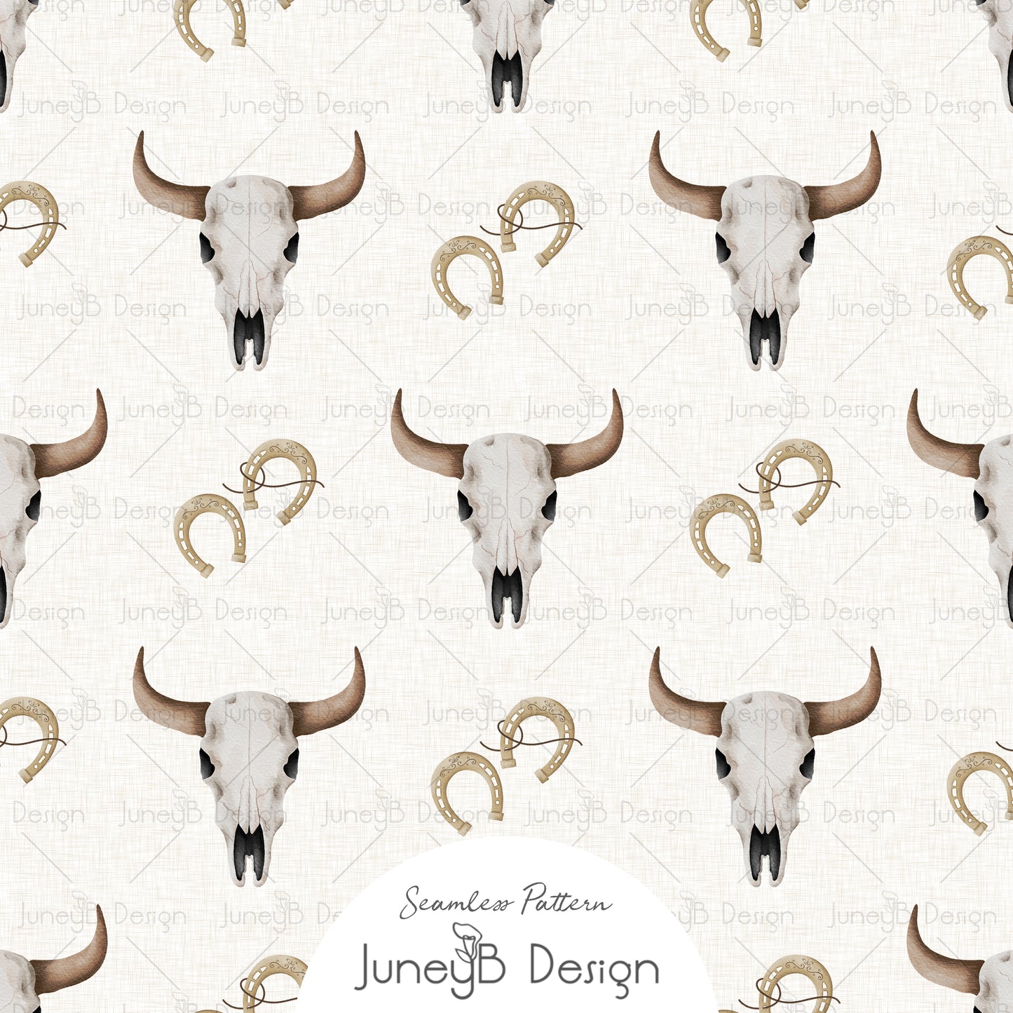 Watercolor longhorn skull and horseshoe seamless pattern on a cream textured background.