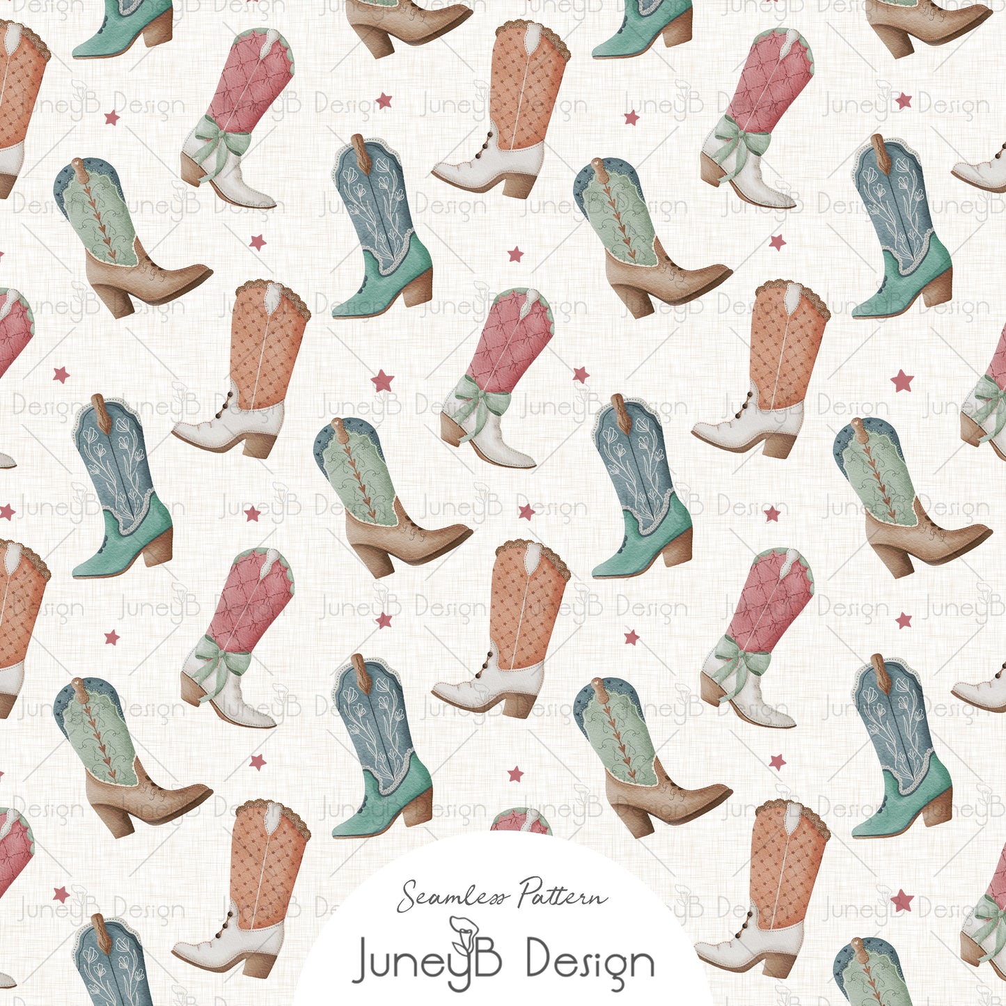 Cream cowgirl seamless pattern with pink mint and blue watercolor cowboy boots and scattered stars.