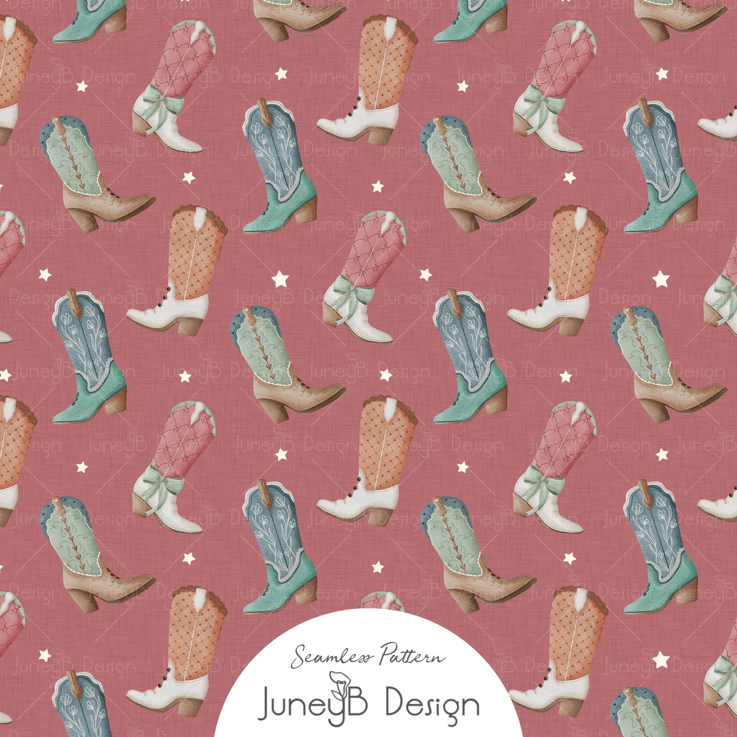 Dusty pink cowgirl seamless pattern with watercolor cowboy boots and white stars.