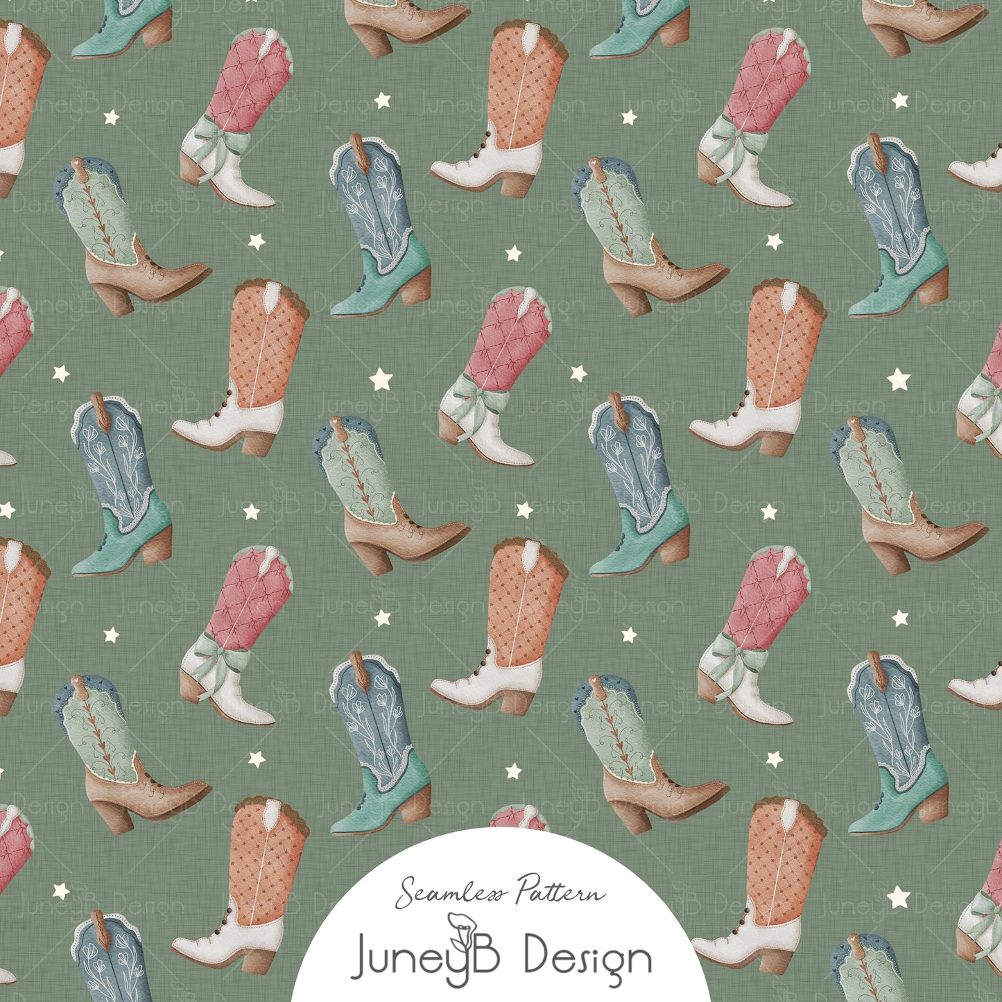 Sage green cowgirl seamless pattern with watercolor cowboy boots in pink mint cream and blue.