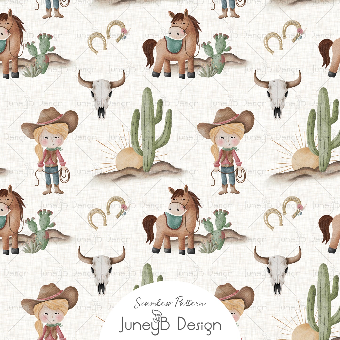 Watercolor cowgirl character seamless pattern with horse cactus sunbursts and steer skulls on a cream textured background.