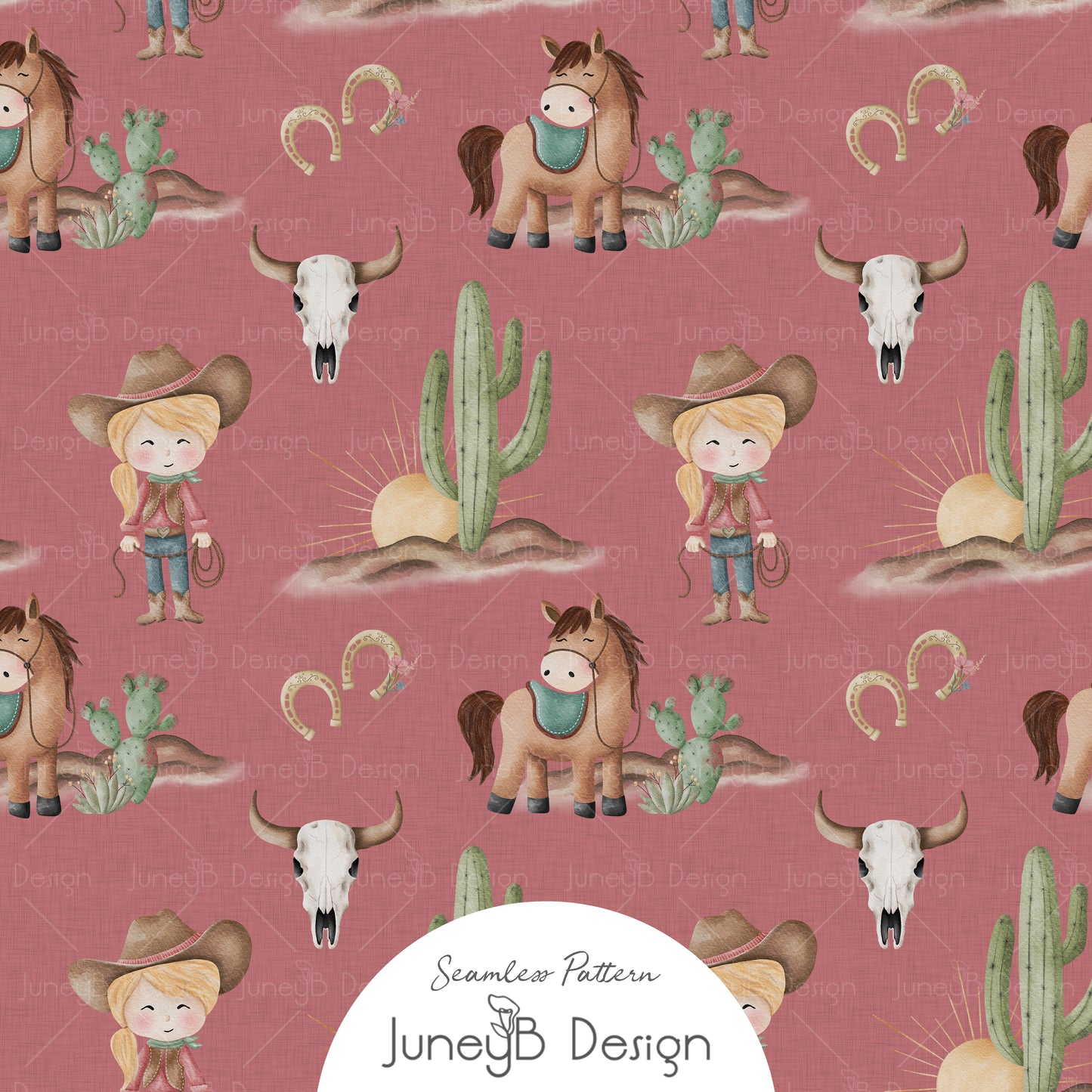 Watercolor cowgirl character seamless pattern with horse cactus sunbursts and steer skulls on a dusty pink textured background.