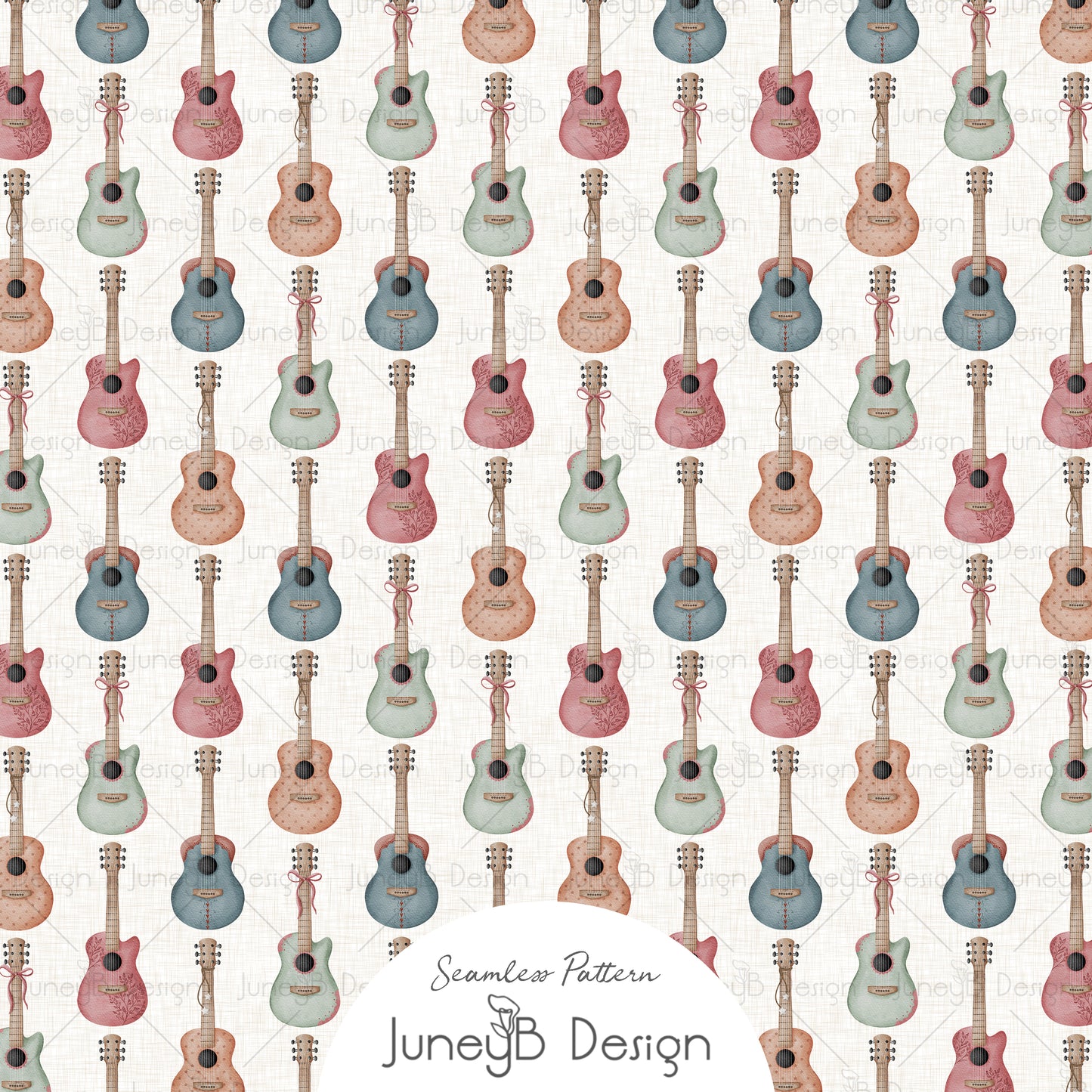 Watercolor cowgirl guitars seamless pattern with pink teal sage and peach guitars on a cream textured background.
