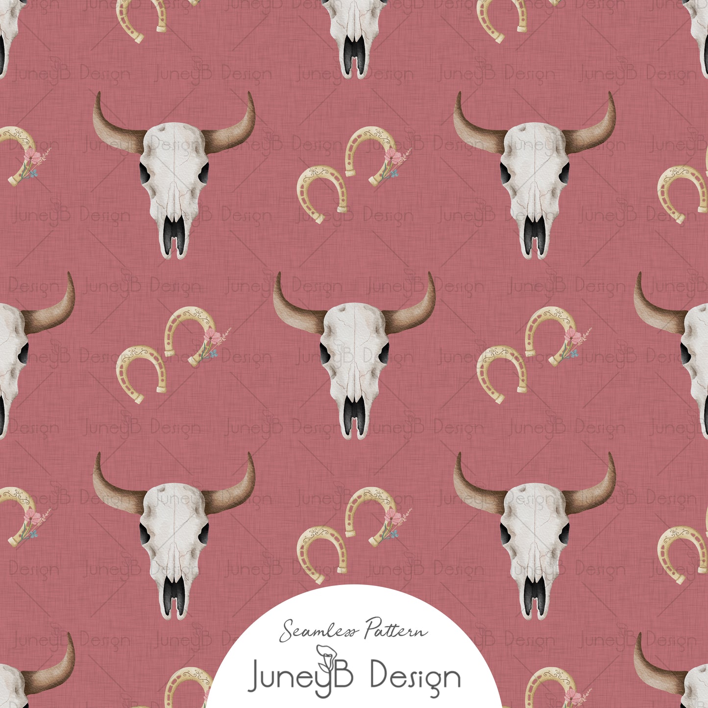 Western longhorn skull and horseshoe seamless pattern with blush florals on dusty pink background digital fabric design.