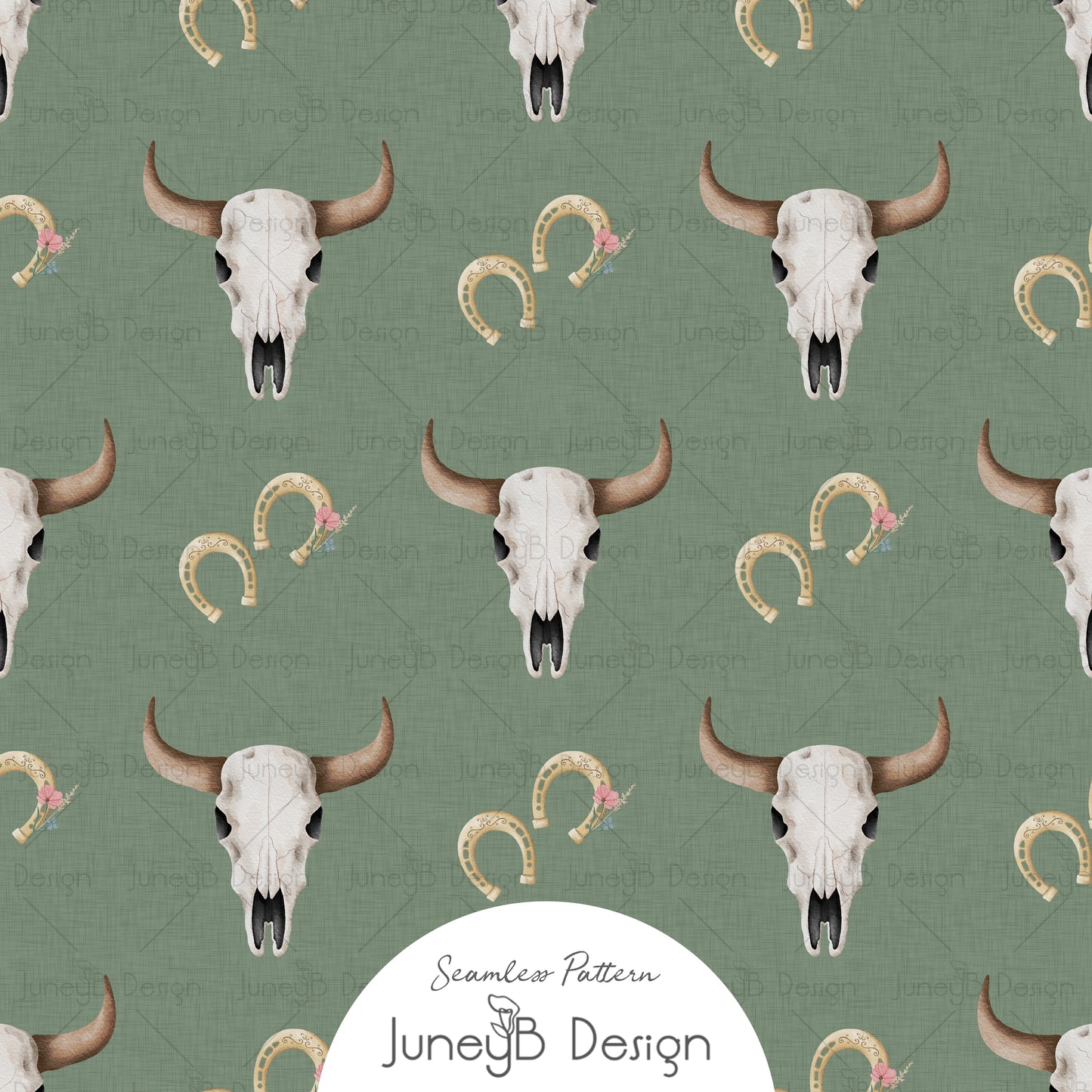 Western longhorn skull and horseshoe seamless pattern with blush florals on sage green background digital fabric design.