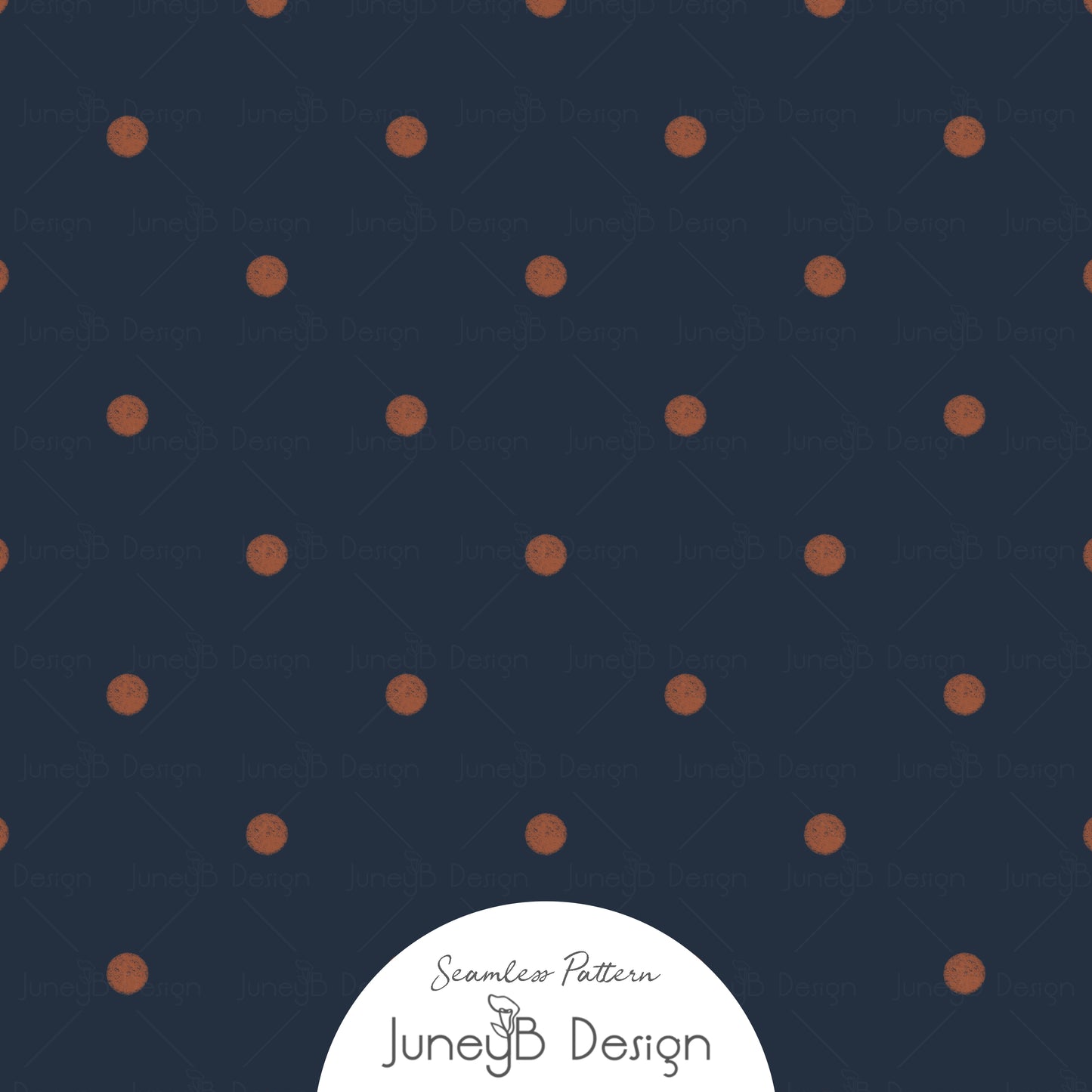 Seamless pattern with rust orange watercolor polka dots on navy background.