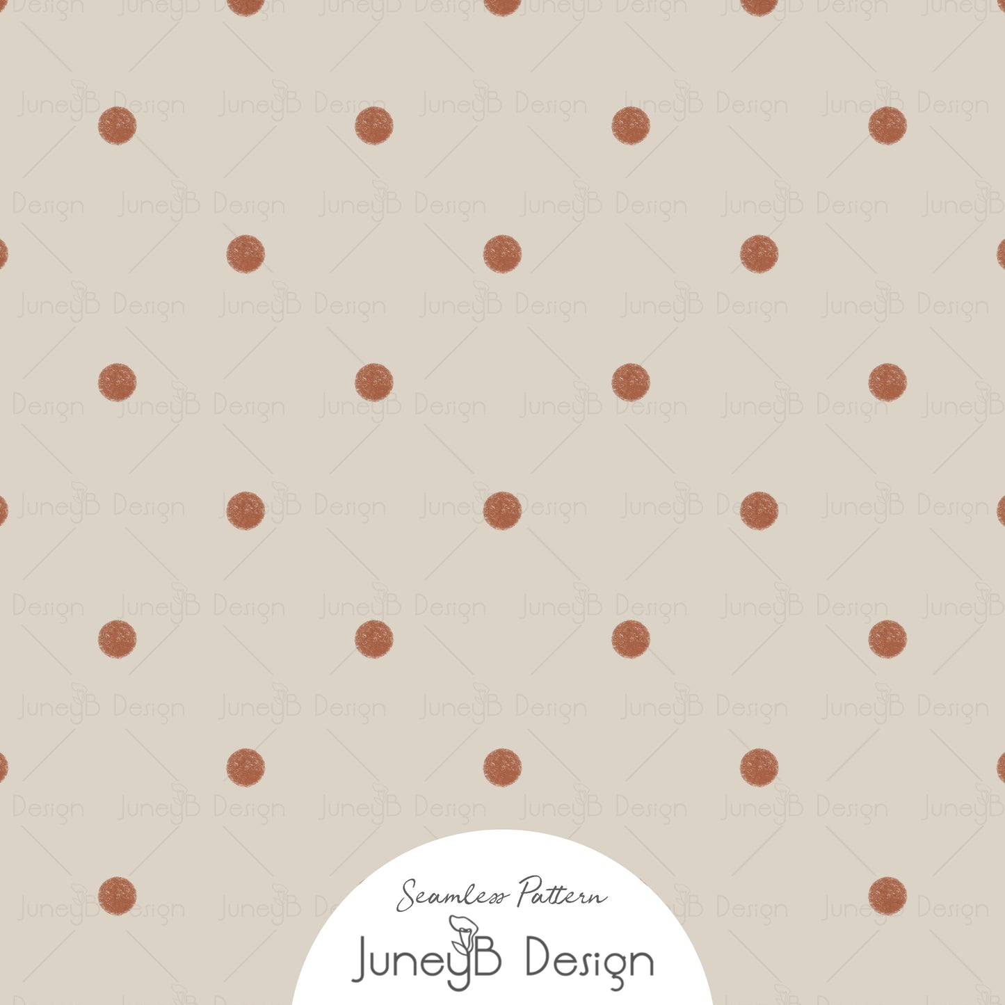 Seamless pattern with rust orange watercolor polka dots on beige background.