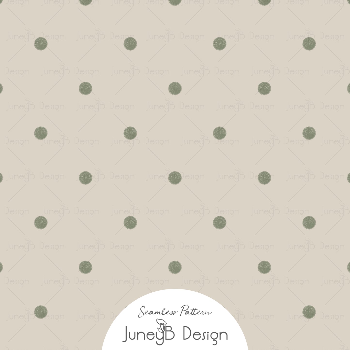Seamless pattern with sage green watercolor polka dots on beige background.