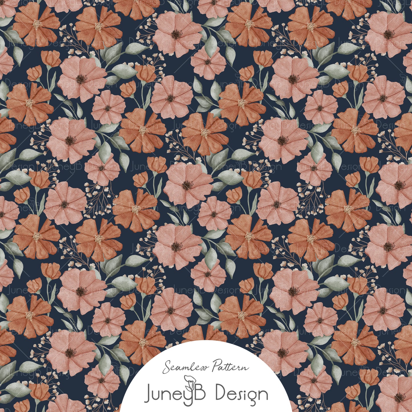 Autumn seamless pattern with peach and rust watercolor flowers and sage leaves on navy background.