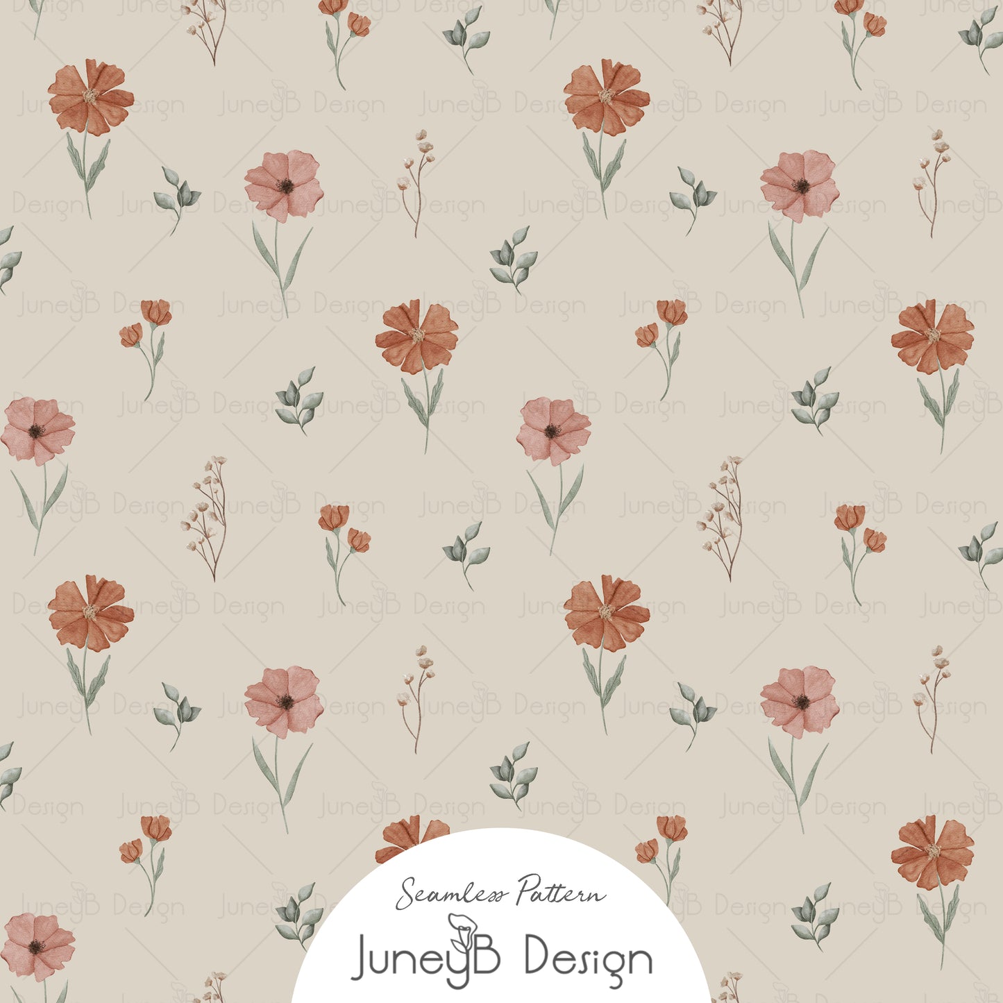 Autumn seamless pattern with rust and peach wildflowers and sage leaves on beige background.