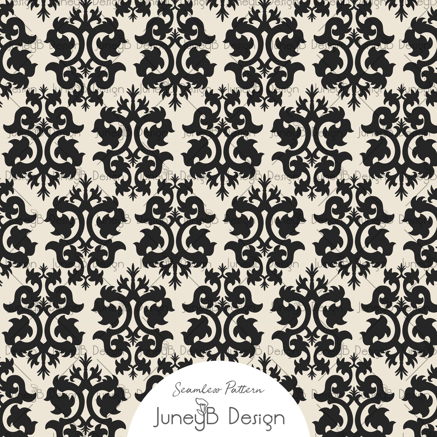 Halloween damask seamless pattern with black ornate motifs on beige background for fabric and textile design.