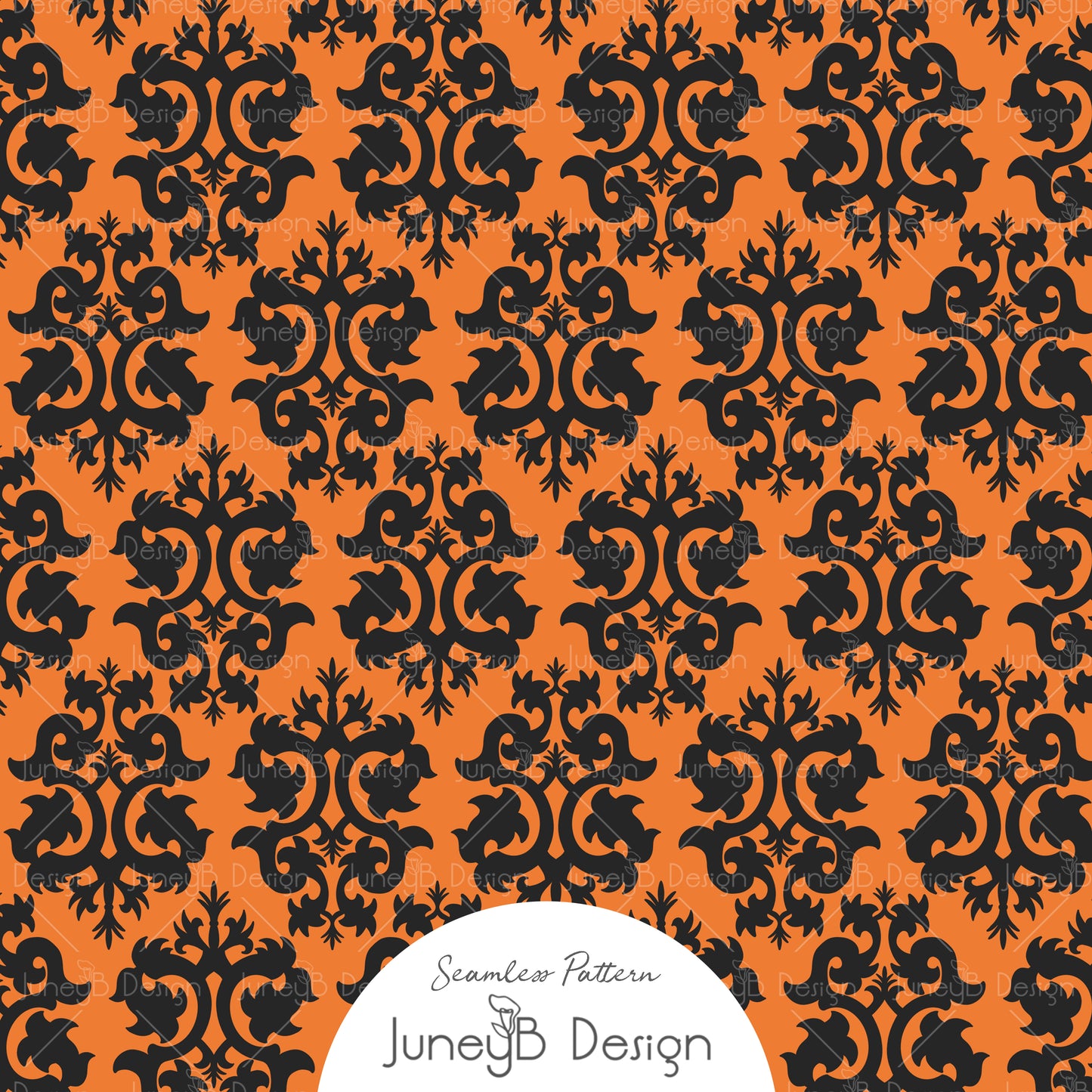 Halloween damask seamless pattern with black ornate motifs on orange background for fabric and textile design.
