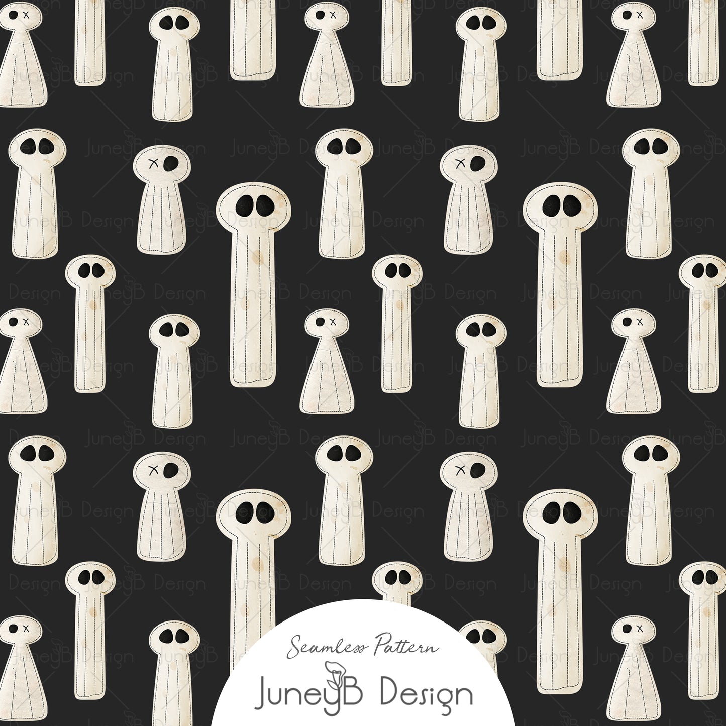 Halloween ghost seamless pattern with hand-drawn ivory ghosts and black eyes on black background for fabric and textile design.