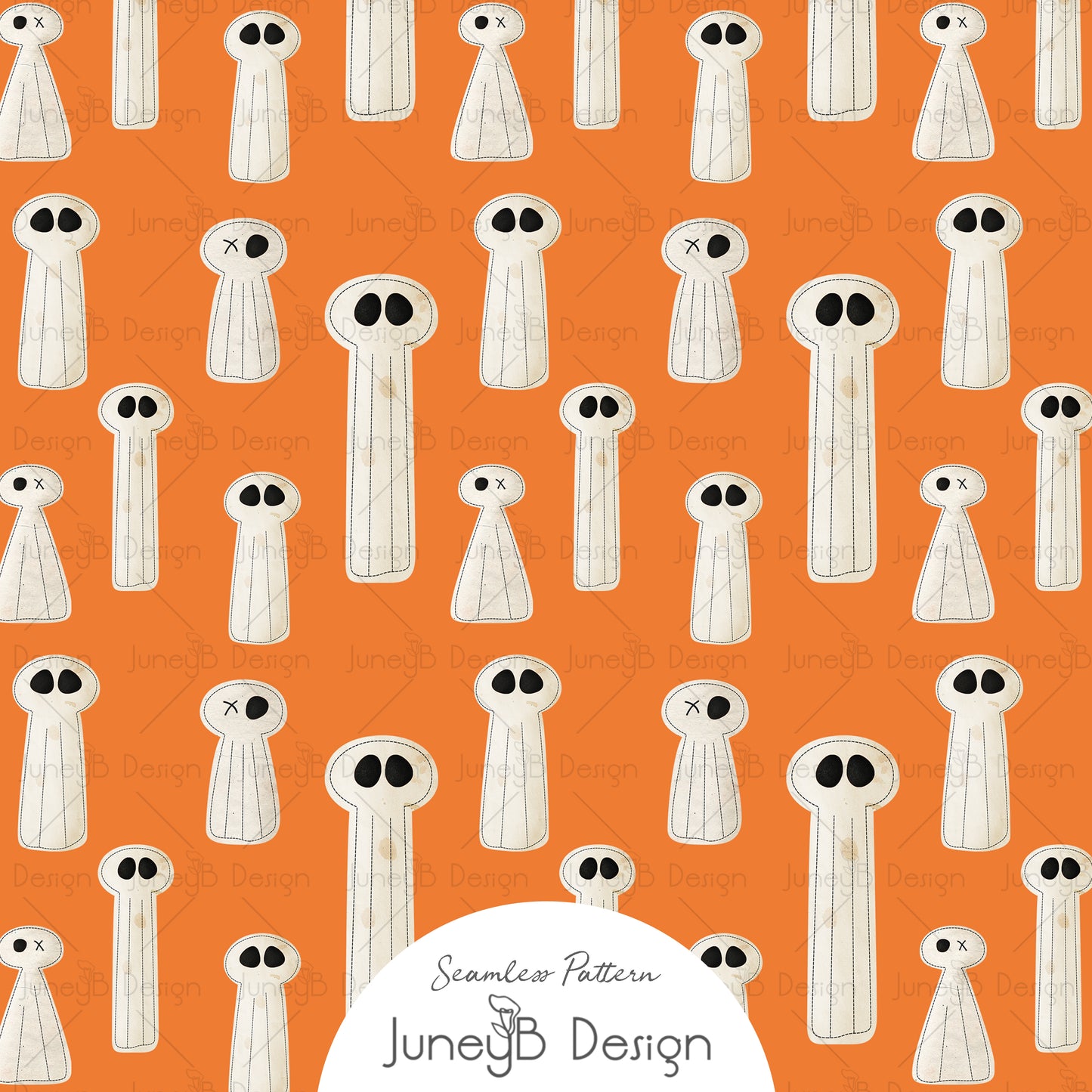 Halloween ghost seamless pattern with hand-drawn ivory ghosts and black eyes on orange background for fabric and textile design.