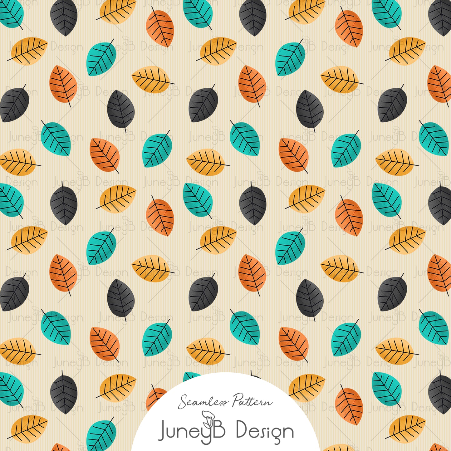 Halloween autumn leaves seamless pattern with orange, teal, black, and gold leaves on beige background for fabric and textile design.