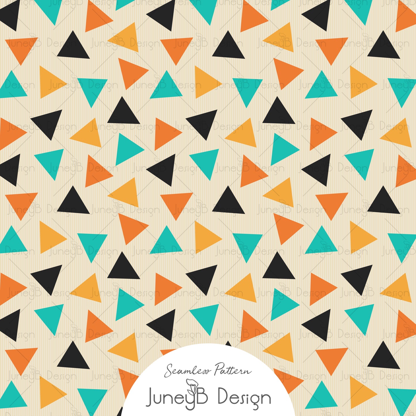 Halloween triangle seamless pattern with black, orange, and teal geometric shapes on beige background, abstract festive digital fabric design,
