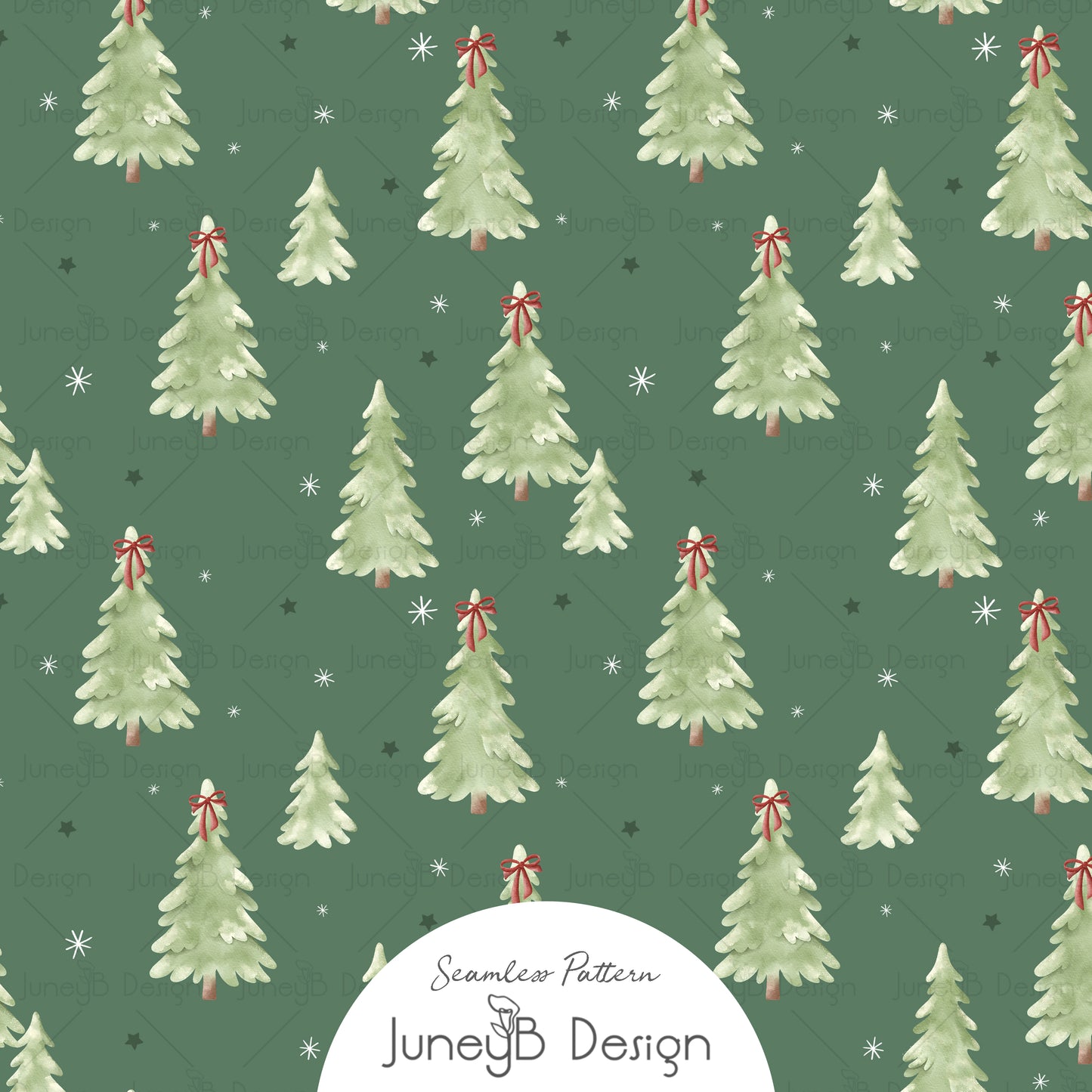 Watercolor Christmas tree seamless pattern with red bows on forest green background