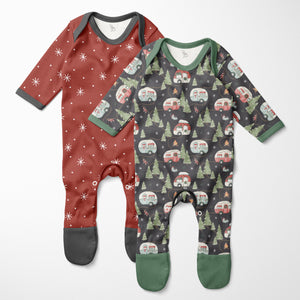 Baby Christmas footed pajamas set with festive camper print and red snowflake design.