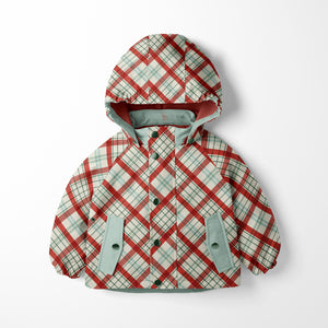 Kids’ Christmas plaid hooded jacket in red, green, and cream holiday check pattern.