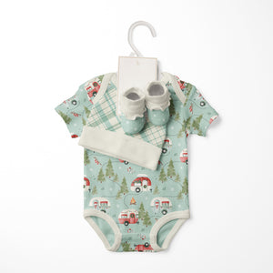 Baby Christmas camper onesie set with holiday RV print, matching hat, plaid bib, and cozy booties