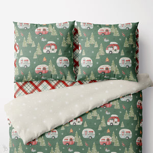 Christmas camper bedding set with festive RVs, pine trees, plaid sheets, and snowflake patterns