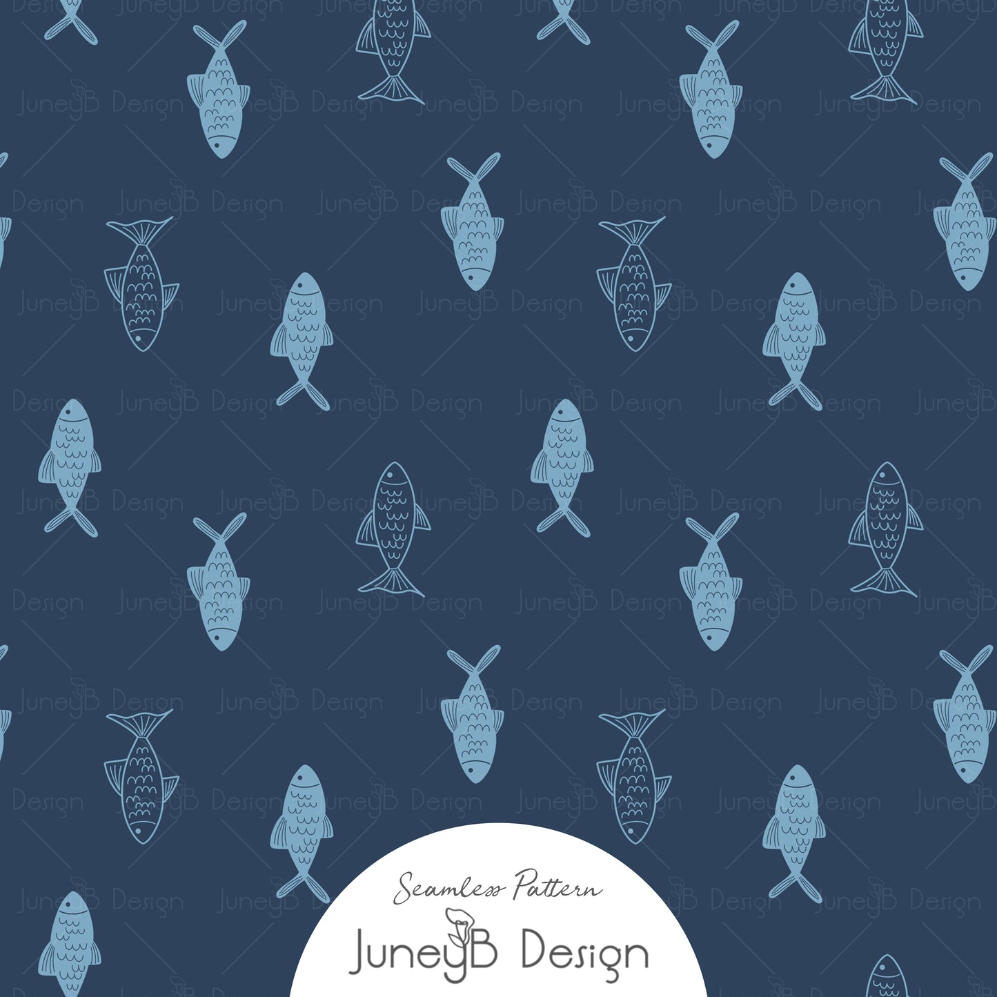 Hand-drawn light blue fish seamless pattern on navy background, nautical blender design from otter collection.