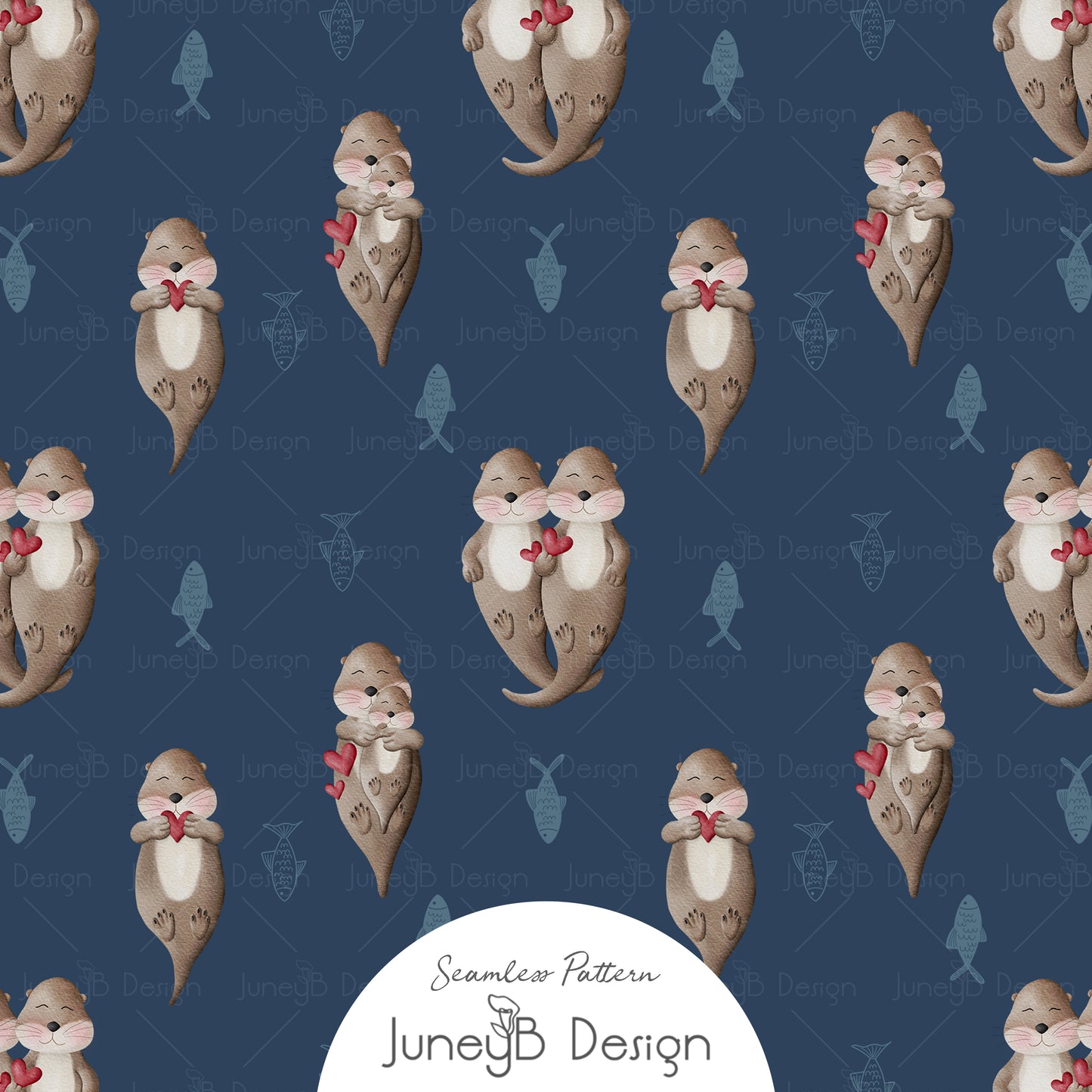 Valentine’s Day otter seamless pattern with otters holding hearts and fish accents on navy background.