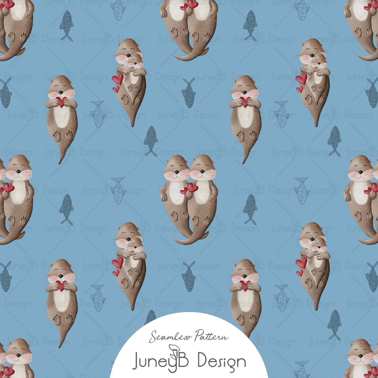 Valentine’s Day otter seamless pattern with otters holding hearts and fish accents on light blue background.
