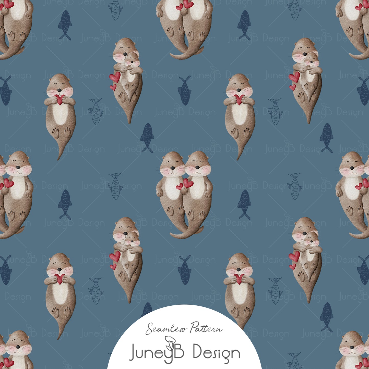 Valentine’s Day otter seamless pattern with otters holding hearts and fish accents on medium blue background.