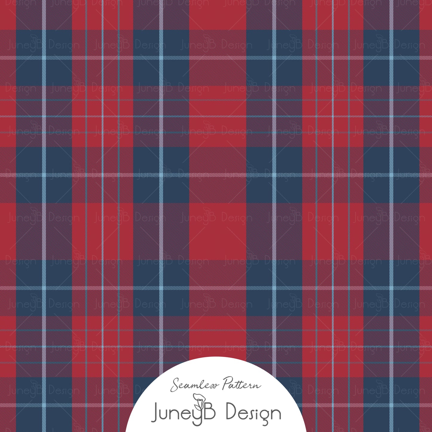 Valentine’s Day plaid seamless pattern with red tartan checks and navy and sky blue accents, digital fabric design.