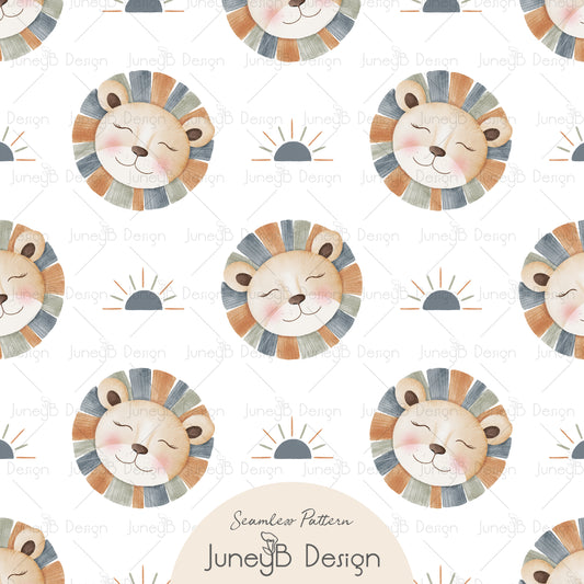 Watercolor lion seamless pattern with suns and pastel manes in dusty blue, sage, and warm neutrals on white background.