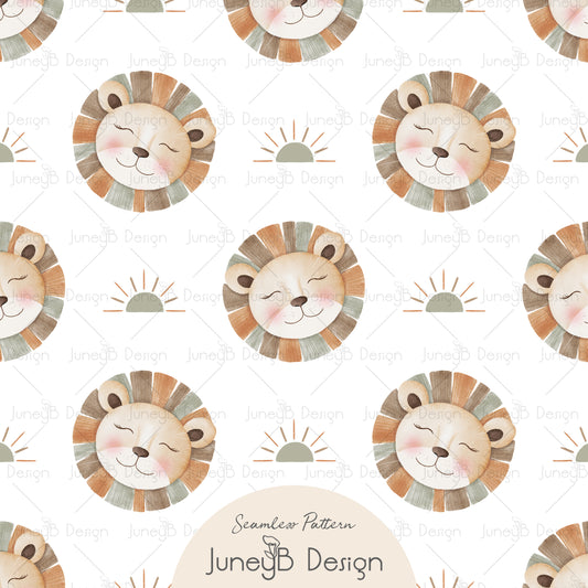 Watercolor lion seamless pattern with suns and soft manes in earthy taupe, sage, and warm neutrals on white background.