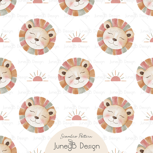 Watercolor nursery lion seamless pattern with suns and pastel manes on white background.
