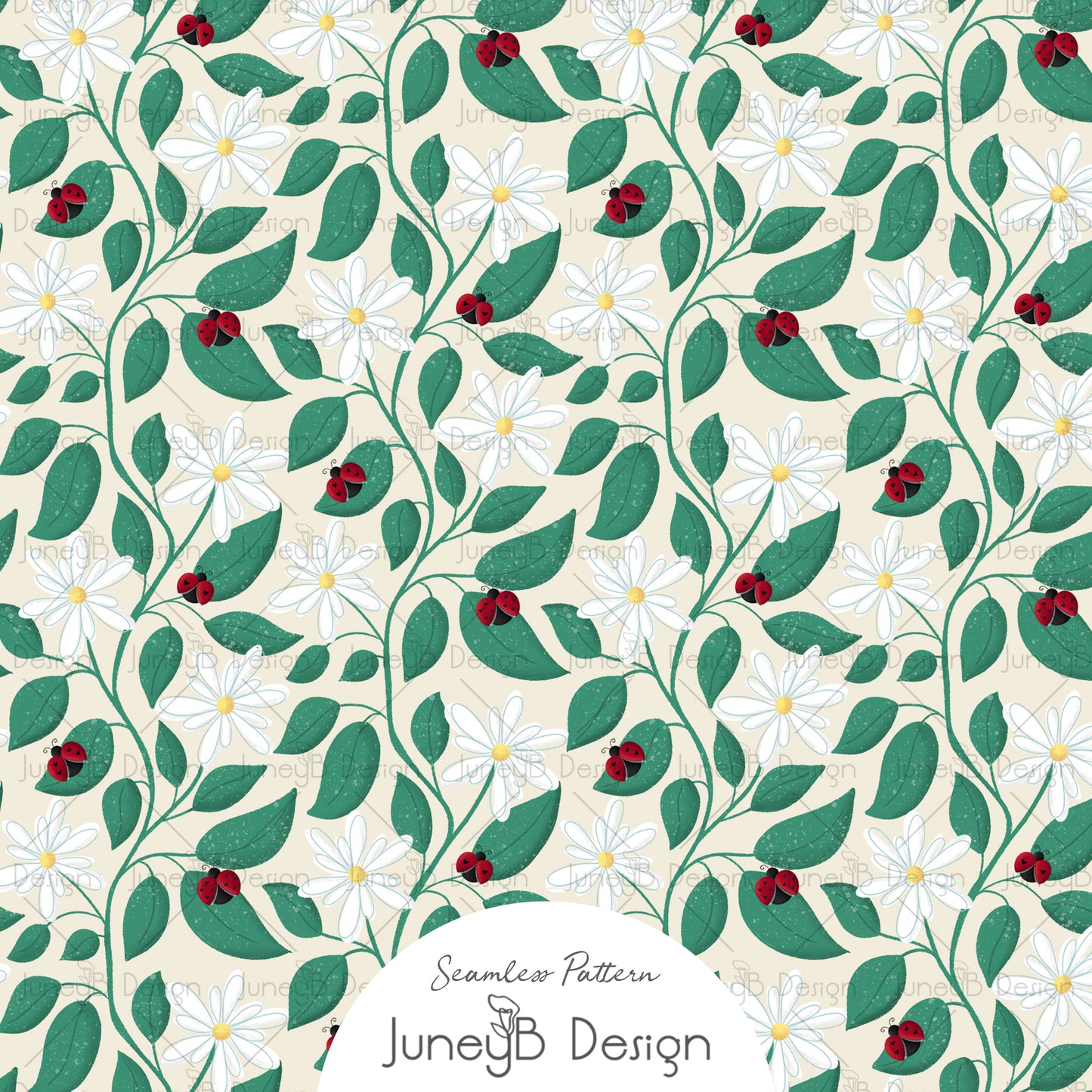 Seamless pattern of red ladybugs, white daisies, and green leafy vines on beige background.
