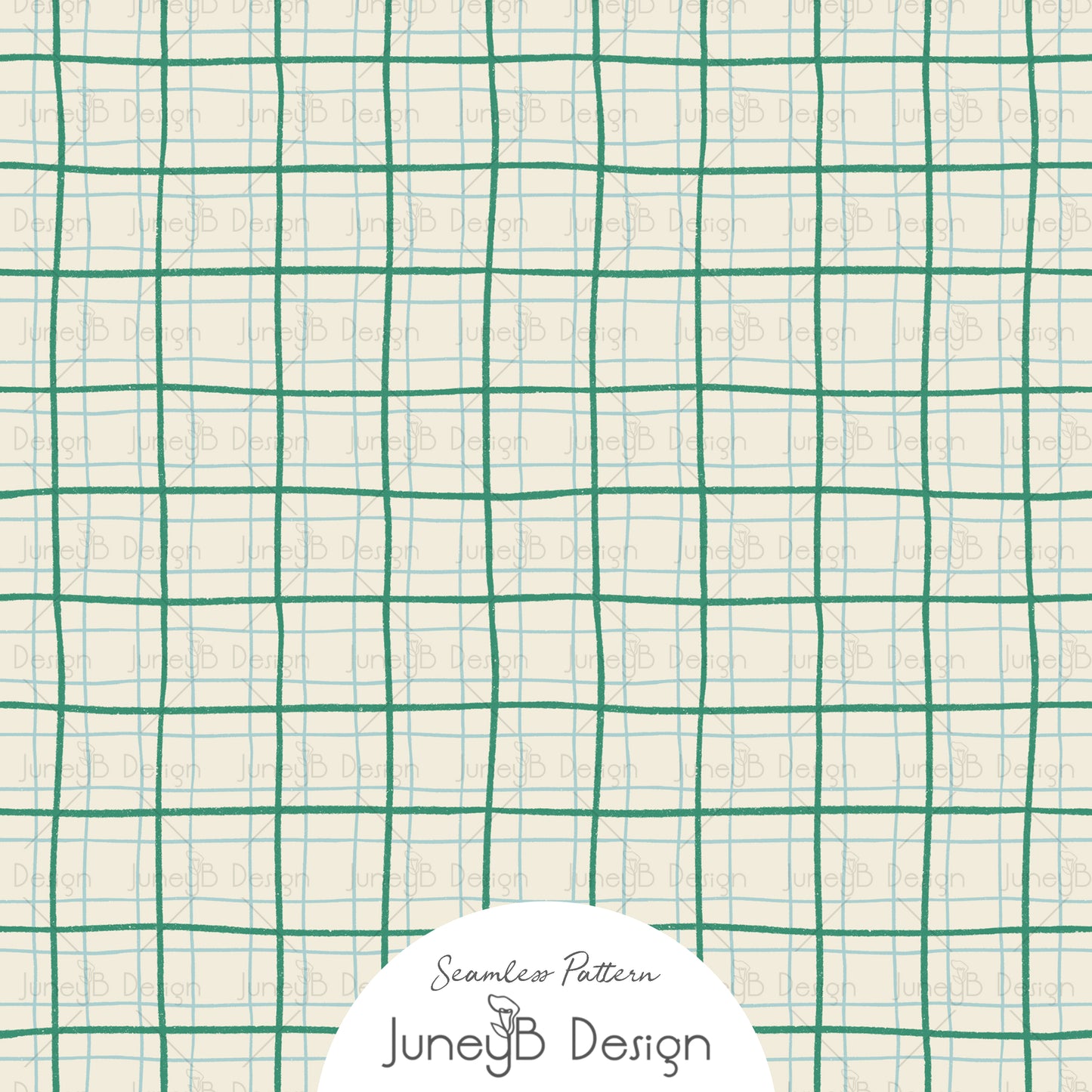Seamless pattern with hand-drawn green plaid lines forming a loose check grid on beige background.