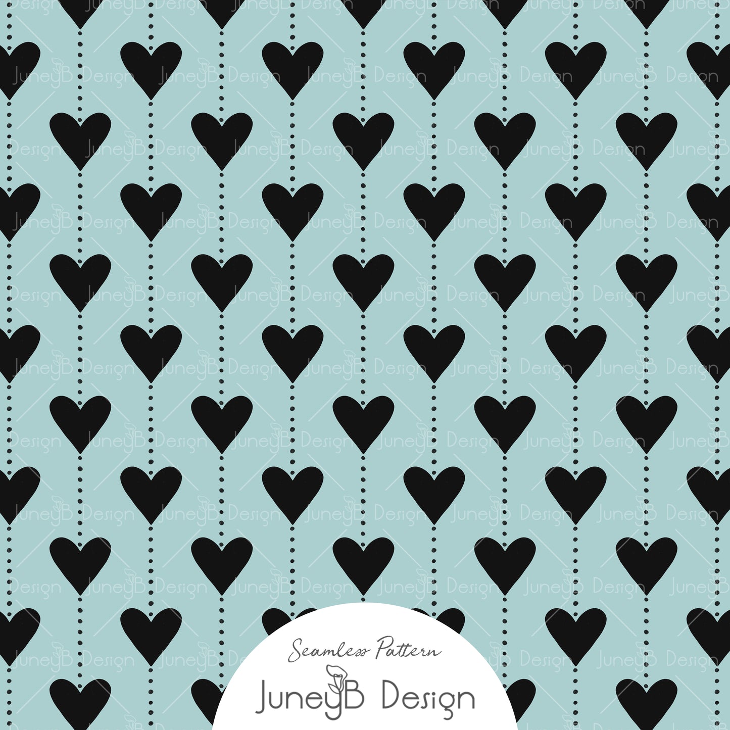 Seamless pattern of black hearts with dotted stripes on soft blue background.