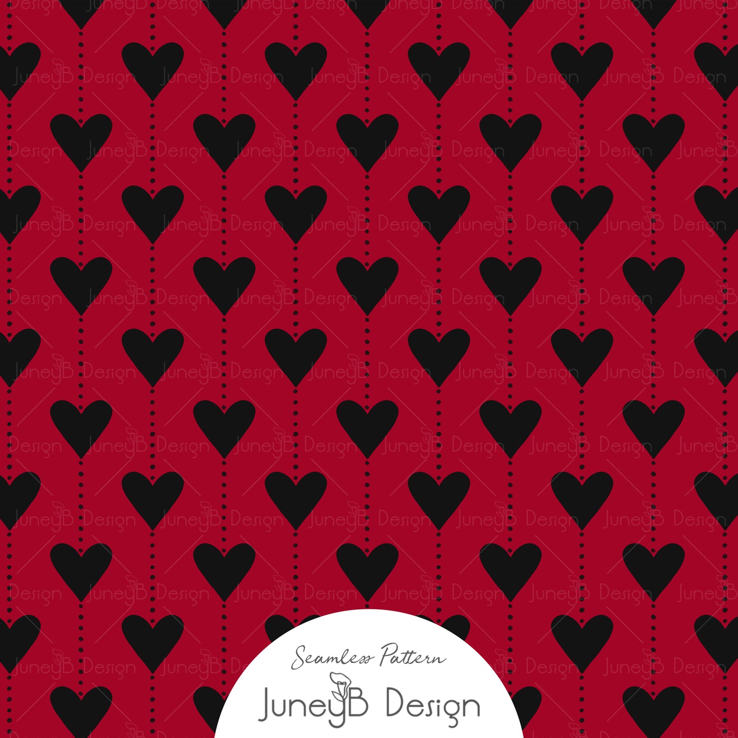 Seamless pattern of black hearts and dotted lines in vertical stripes on red background.