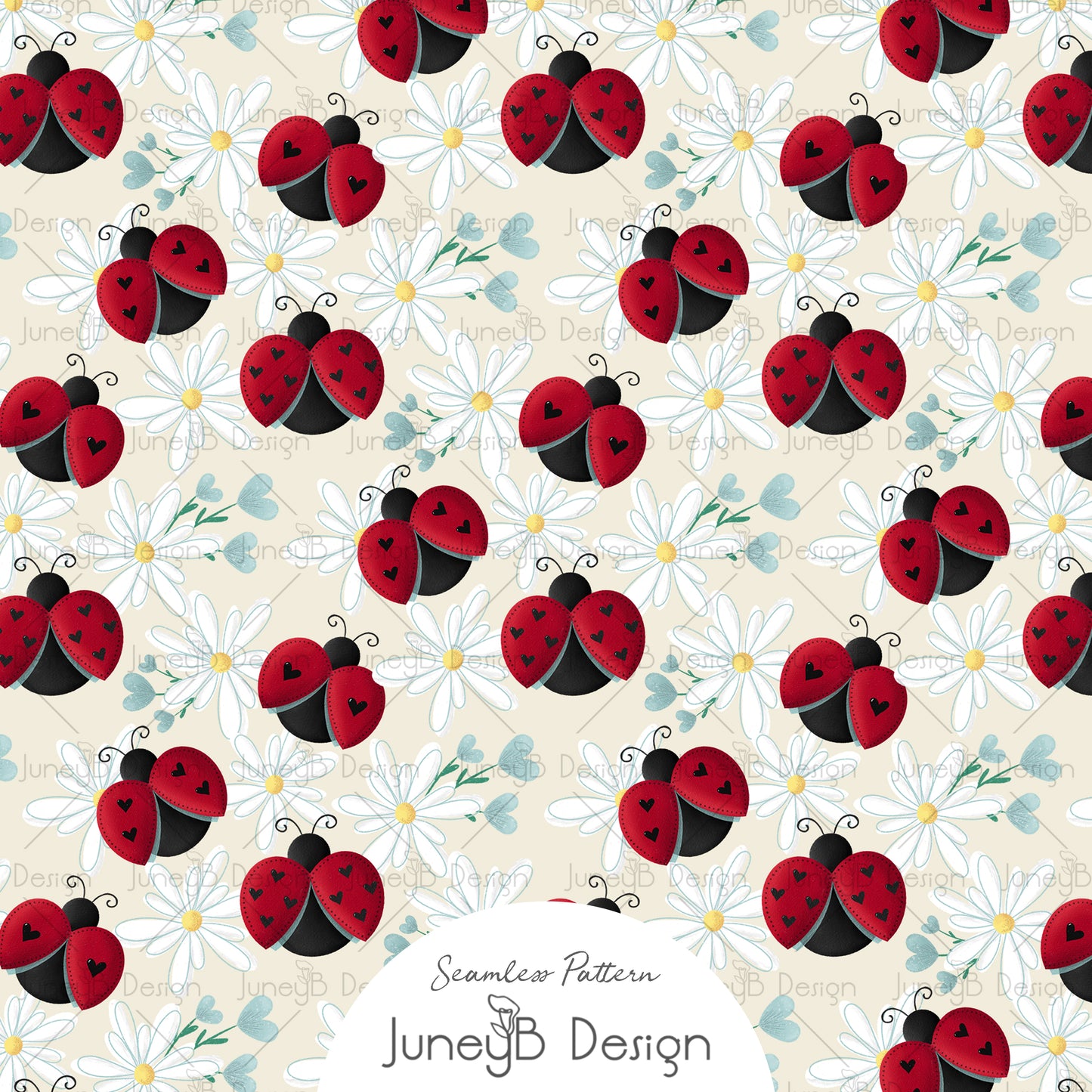 Seamless pattern of red heart-spotted ladybugs and white daisies with soft green leaves on beige background.